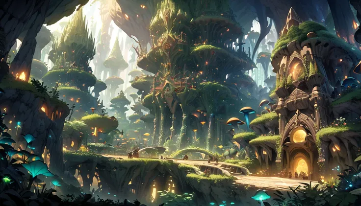 A vast and awe-inspiring underground world reminiscent of "Made in Abyss", Gigantic caverns with intricate rock formations glowing crystals, and mysterious flora and fauna, Dimly lit by bioluminescent plants and glowing rocks casting an ethereal light, Mas...