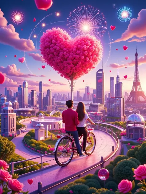 A couple riding a bike, a tree of hearts, a Valentine's Day card with the text "HAPPY VALENTINE'S DAY" on a white background, in a vector art style, a romantic illustration, detailed character design, a pink and red color palette, a romantic emotion, digit...