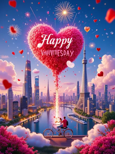 A couple riding a bike, a tree of hearts, a Valentine's Day card with the text "HAPPY VALENTINE'S DAY" on a white background, in a vector art style, a romantic illustration, detailed character design, a pink and red color palette, a romantic emotion, digit...