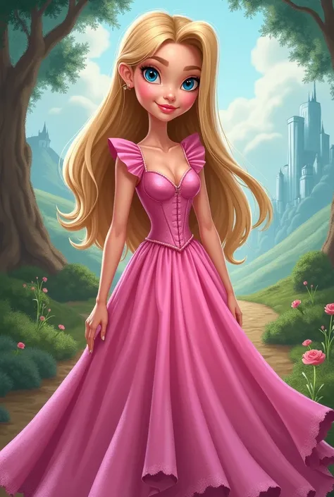 Generate me a digital cartoon style drawing of Ariana grande’s character from wicked “Glinda” but make her hair straight, blue eyes, pink dress and brown-ish hair