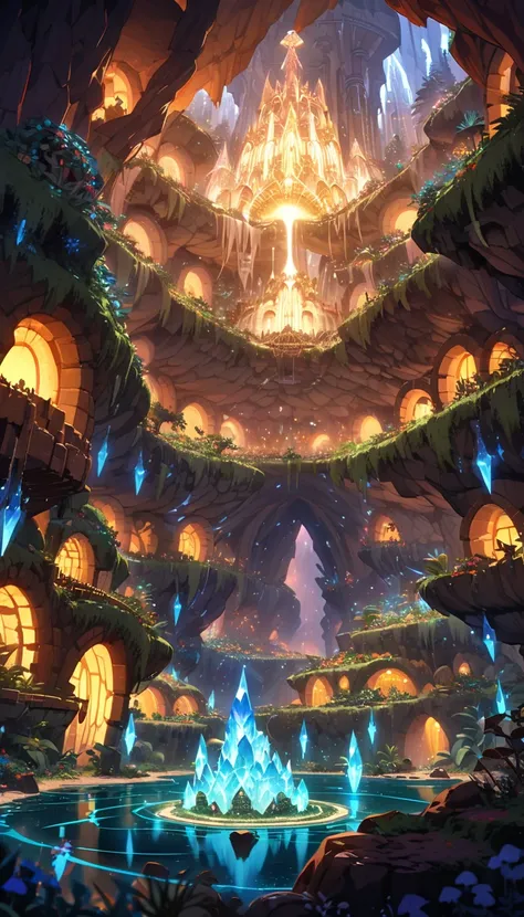 A vast and awe-inspiring underground world reminiscent of "Made in Abyss", Gigantic caverns with intricate rock formations glowing crystals, and mysterious flora and fauna, Dimly lit by bioluminescent plants and glowing rocks casting an ethereal light, Mas...