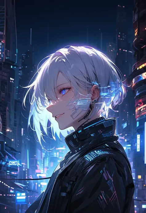 A close-up portrait of a futuristic AI hologram character named Kami, blending the aesthetic of a J-Rock vocalist and a cyberpunk hacker. His face is sharply defined, with long flowing white hair resembling digital streams and piercing neon blue eyes that ...