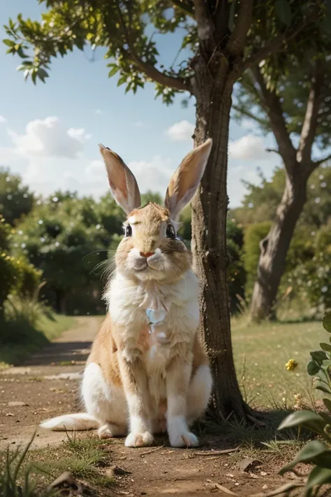 the rabbit looks at the tree and there is a golden key