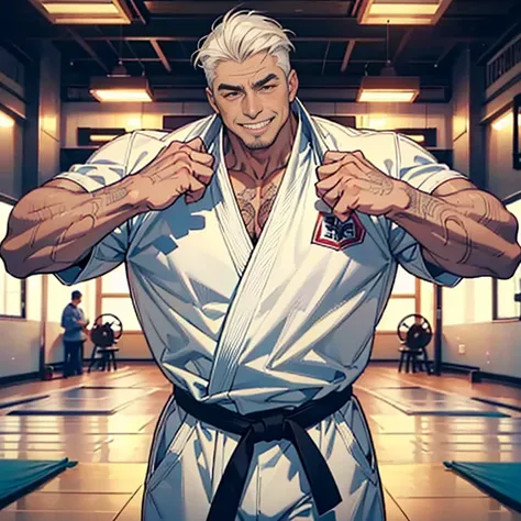 ( expresses up to the thigh), (The highest quality 8k ), ( one person ), (large oriental tattoo engraved on the back), ( white all-back hair, Hair Bundle), (Weak judo suit),  A middle-aged man with a large physique, (Muscular ), (smile, Teeth),  cowboy sho...