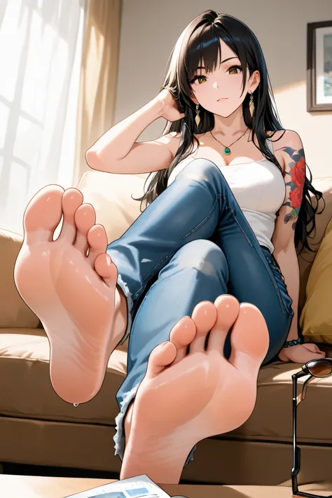 1girl, barefoot, feet, solo, toes, denim, soles, jewelry, tattoo, foot_focus, unworn_eyewear, jeans, asian, necklace, breasts, crossed_legs, long_hair

