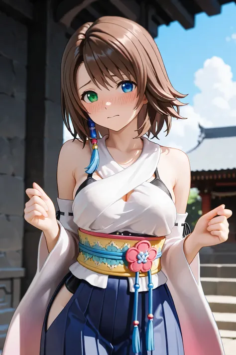 NSFW, Masterpiece, top quality, Hi-Res, very detailed,Yuna\(Final Fantasy X\), blue eyes、 brown hair at the gym、 green eyes、 hair ornament、 rainbow heterochromia、 short hair、 shoulder out、Sleeveless、Hakama、Hakama skirt by humili、 kimono、紫のHakama、 skirt by ...