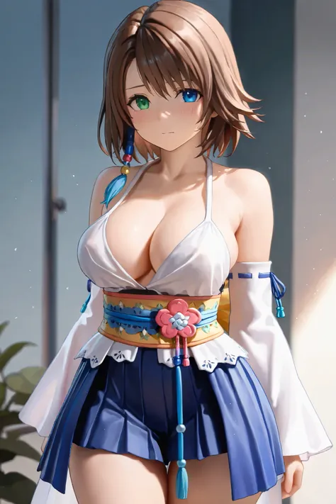 NSFW, Masterpiece, top quality, Hi-Res, very detailed,Yuna\(Final Fantasy X\), blue eyes、 brown hair at the gym、 green eyes、 hair ornament、 rainbow heterochromia、 short hair、 blue dress、 frill dress、 cleavage、abdomen、 showgirl skirt、 short skirt, fantasy w...