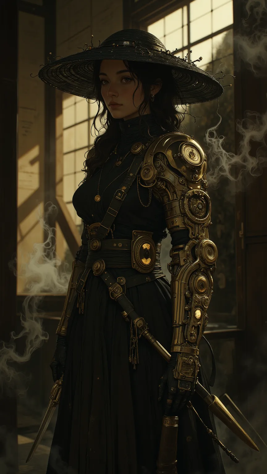 A lone female ninja stands poised in a dimly lit dojo, her black Japanese straw hat tilted slightly to obscure her calm yet determined expression. Her right arm is an exquisite steampunk mechanical design, featuring intricate brass gears, pipes, and gentle...