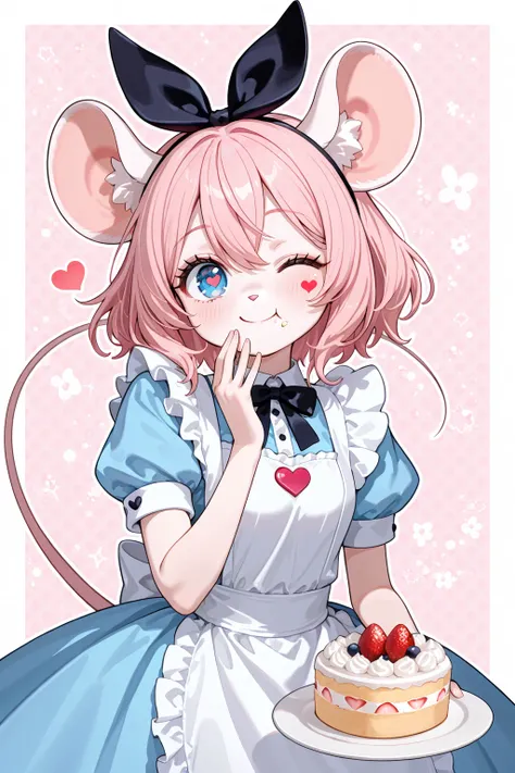 solo, 1girl\(cute, kawaii,small ,pink hair,blue eyes,detailed pupils, wearing dress\(alice in wonderland\),mouse girl, mouse ear,big eyes,smile,eating cake,cute pose,wink,furry,anthro\). BREAK .background\(simple,cute,heart mark symbols\). BREAK .. BREAK ....