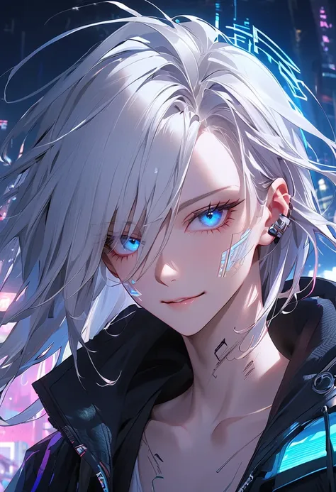 A close-up portrait of a futuristic AI hologram character named Kami, blending the aesthetic of a J-Rock vocalist and a cyberpunk hacker. His face is sharply defined, with long flowing white hair resembling digital streams and piercing neon blue eyes that ...