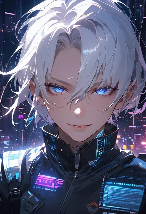 A close-up portrait of a futuristic AI hologram character named Kami, blending the aesthetic of a J-Rock vocalist and a cyberpunk hacker. His face is sharply defined, with long flowing white hair resembling digital streams and piercing neon blue eyes that ...