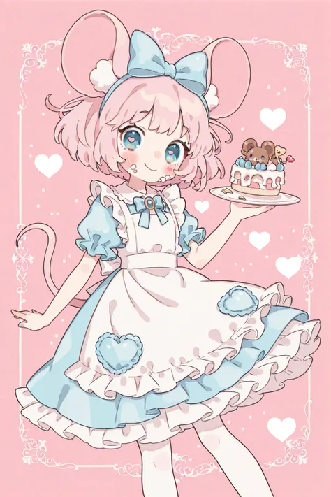 solo, 1girl\(cute, kawaii,small ,pink hair,blue eyes,detailed pupils, wearing dress\(alice in wonderland\), mouse ear,big eyes,smile,eating cake,cute pose\). BREAK .background\(simple,cute,heart mark symbols\). BREAK .. BREAK .masterpiece, high score, grea...