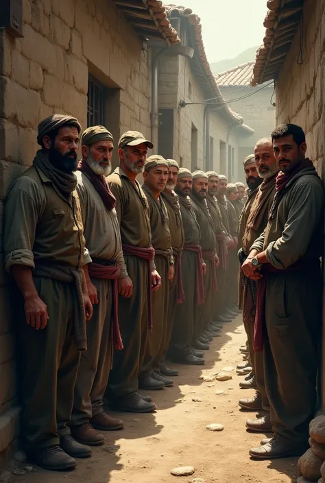 Sixteen men from the village are side by side in the alley