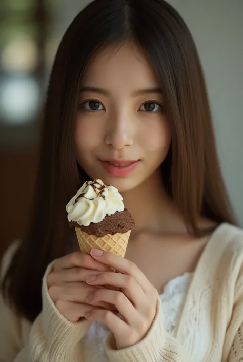 A mesmerizing young woman with long, silky dark hair and deep, expressive eyes, holding an ice cream cone with a mix of vanilla and chocolate scoops, some melting onto her soft lips; she wears a delicate white lace-trimmed panty and a cozy, semi-transparen...