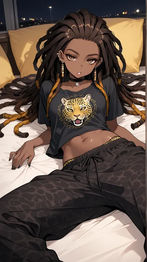 1Girl, Mature, Ebony, African American, Dark Brown Skin, Bright Brown Long Thin Dreadlocks, Dreadlocks Spread Out, Shiny Hair, Light Brown Eyes, Black Nails, Dark Brown Eye Shadow, Medium Chest, Yellow Leopard Pattern Cropped Long-Seeve Shirt, Black Baggy ...