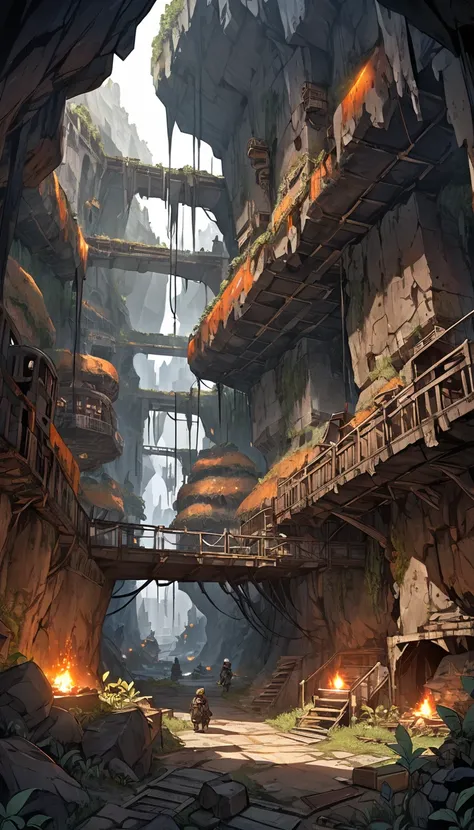 An expansive underground world in a post-apocalyptic style reminiscent of "Made in Abyss", Gigantic caverns filled with crumbling buildings and rusted machinery, The dim cavern is lit by makeshift torches and glowing remnants of technology, Massive intrica...