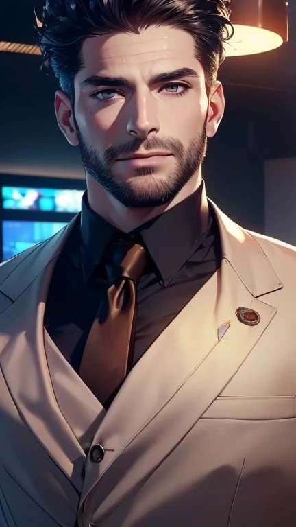 (   better quality,4K,8k,  highres,  masterpiece :1.2),  ultra-detailed ,(realistic,photorealistic,photo-realistic:1.37),34 years old, man,3 day beard,Beautiful anime,Portraits,strong,Masculine,  with dark hair  ,sharp jaw,   mesmerizing eyes   ,  perfectl...