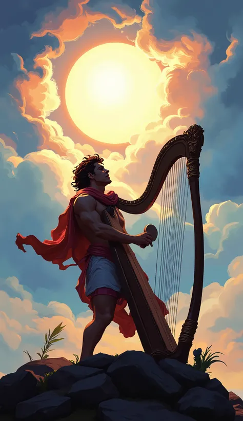  attractive or handsome young Greek Apollo God,hunk posing as professional table tennis player, His playing harp instrument. His background is sky with cluster clouds with sun in the center. oil painting, digital art, dynamic, 