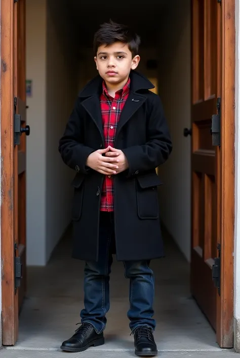 there is a young boy standing in a doorway with his hands folded, full body picture, full body black and red longcoat, wearing a red lumberjack shirt, fullbody shot, wearing a flannel shirt, riyahd cassiem, full body shot!!, looking heckin cool and stylish...