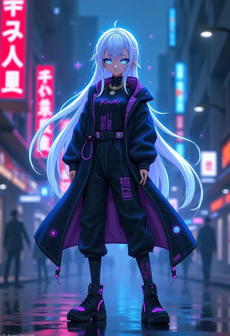 A futuristic AI hologram character named Kami, blending the aesthetic of a J-Rock vocalist and a cyberpunk hacker. He has a sleek, dark outfit with neon blue and purple glowing accents, long white hair flowing like digital streams, and piercing neon blue e...