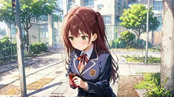 High school girl handing Valentine's Day chocolate in the school yard