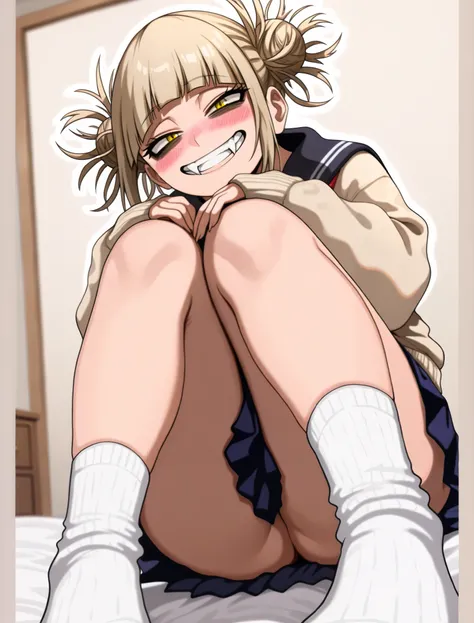 ((toga himiko)), ((masterpiece)), ((high resolution)), ((solo portrait)), ((front view)), ((low angle)), {(attractive figure), (beautiful legs), (messy bleach blonde hair), (twin buns in hair), (long eyelashes), (half lidded eyes), (yellow eyes), (bags und...