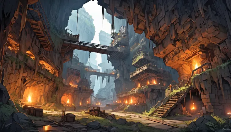 An expansive underground world in a post-apocalyptic style reminiscent of "Made in Abyss", Gigantic caverns filled with crumbling buildings and rusted machinery, The dim cavern is lit by makeshift torches and glowing remnants of technology, Massive intrica...