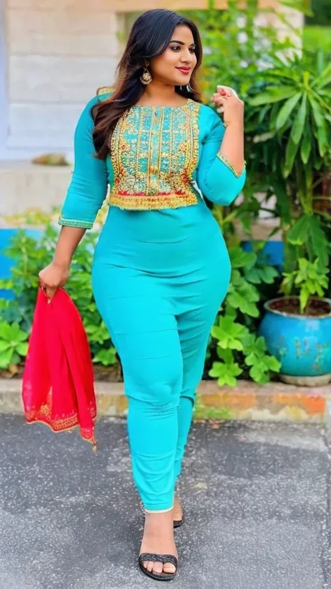 local strong Indian women, wearing salwar and leggings, (chudidar) and jwellery, With perfect hourglass body with her flawless curvaceous figure,