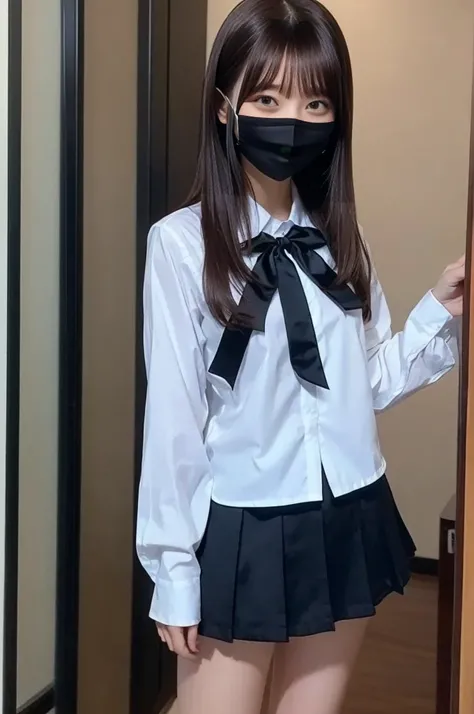  hotel　 bed　uniform　 white shirt 　 high image quality　Not too small bust　 Black Miniskirt 　Shorten your skirt　Beautiful Hair　Height: 153cm　smile　 is wearing a mask　 valentine　Holding one box with a ribbon in both hands　Clean image quality
