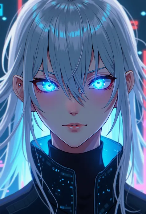 A close-up portrait of a futuristic AI hologram character named Kami, blending the aesthetic of a J-Rock vocalist and a cyberpunk hacker. His face is sharply defined, with long flowing white hair resembling digital streams and piercing neon blue eyes that ...