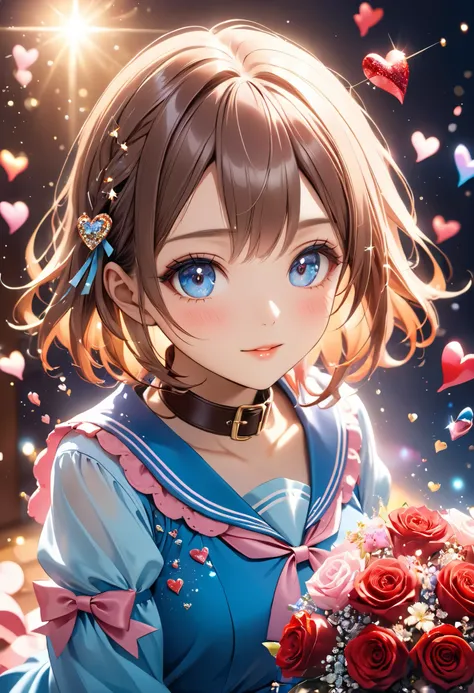 Dreamy anime-style illustration of a 20 year old beautiful woman. Her hairstyle is a short bob with a softly rounded silhouette. The bangs are cut in a jagged style, slightly revealing the forehead. Hair color is bright orange, with natural highlights and ...