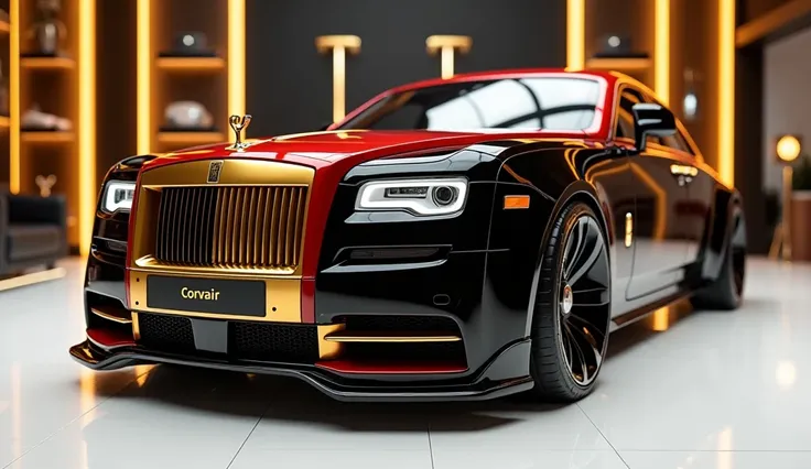 create an ultra-detailed 3D render straight interior  , of a modern Rolls-Royce Ghost swift   gold with a bold design captured from straight front view. The car should feature a 'Gleamy shiny black and red mixup  ' color with a 'tata sumo gold'   ' logo on...