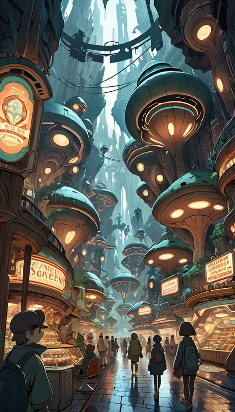 An expansive underground world in a retro-futuristic style reminiscent of "Made in Abyss.", Gigantic caverns filled with retro designs and futuristic elements from the 1950s, The dim cavern is lit by glowing vintage signs and sleek streamlined structures, ...