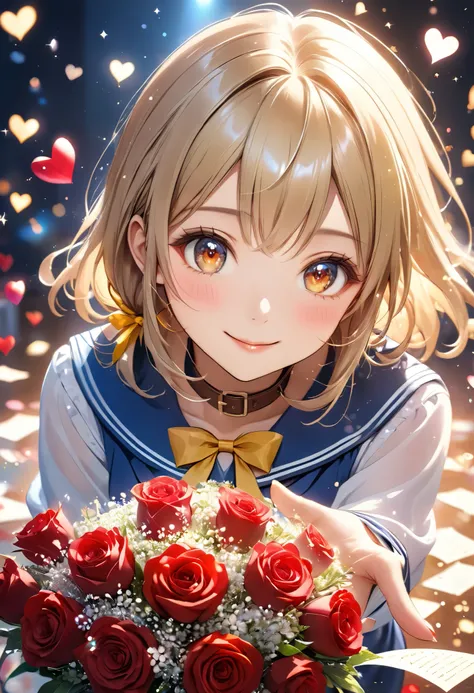 Dreamy anime-style illustration of a 20 year old beautiful woman. with a bright and friendly atmosphere. The hairstyle should be a rounded bob cut with naturally curled ends. The bangs should be cut slightly jagged for a lovely look. Hair color should be a...