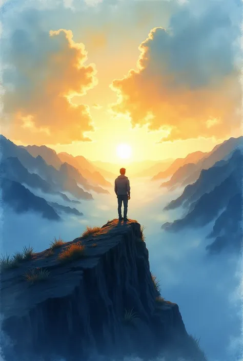 /imagine prompt: watercolor illustration of a silhouette of a person standing at the edge of a mountain, looking towards a bright, golden horizon. The scene radiates strength and determination, with soft, flowing brushstrokes and visible textures. Predomin...