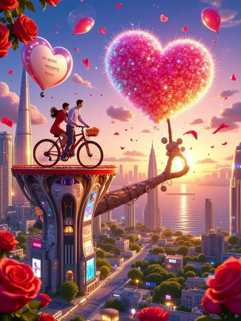 A couple riding a bike, a tree of hearts, a Valentine's Day card with the text "HAPPY VALENTINE'S DAY" on a white background, in a vector art style, a romantic illustration, detailed character design, a pink and red color palette, a romantic emotion, digit...