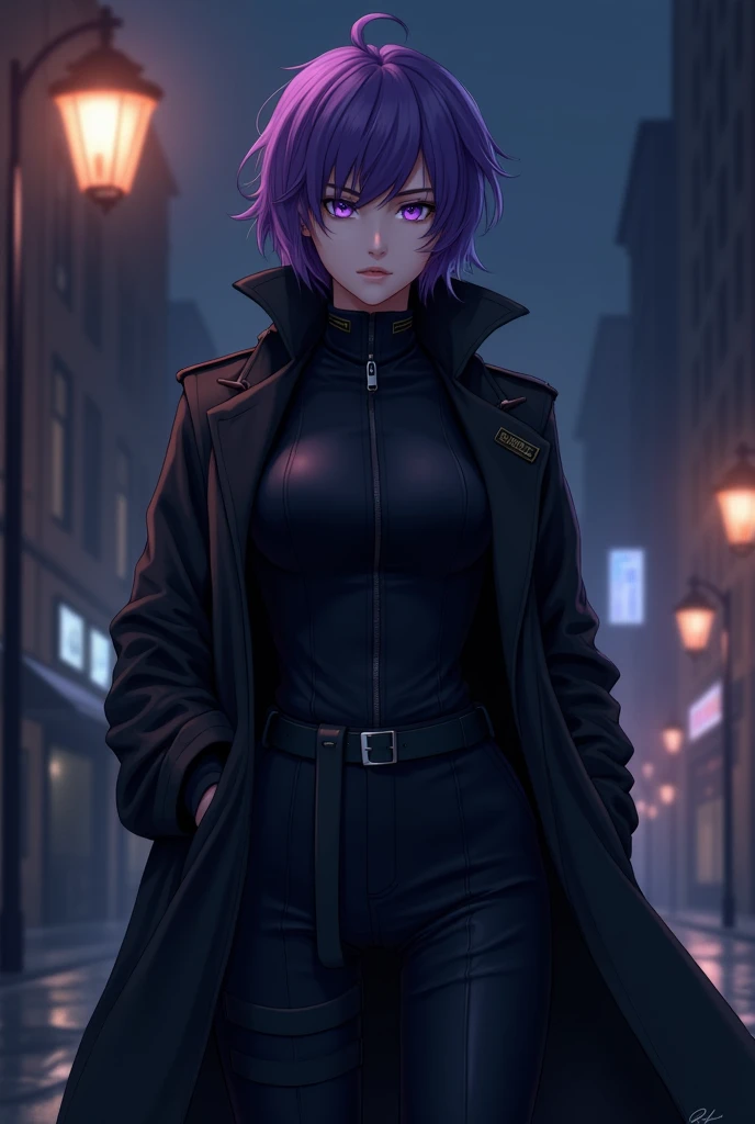 "4K anime style quality, digital drawing mode, a cold and calculating ex-hunter with short purple hair, sharp purple eyes, and a compact athletic build, wearing a black trench coat over a sleek combat outfit, standing near a dimly lit streetlamp, full body...