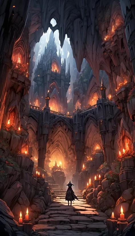 An expansive underground world in a gothic horror style reminiscent of "Made in Abyss", Gigantic caverns filled with towering gothic structures and eerie sculptures, The dim cavern is lit by flickering torches and glowing stones casting ominous shadows, Ma...