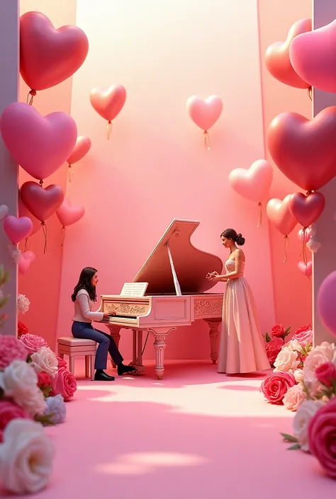 Design a valentines booth in isometric view, put a piano at the center and ad some hearts design