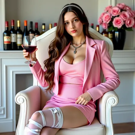 display of a woman in a classic-style room with white walls.  There are many bottles of drinks behind it and a vase of pink flowers. The main focus is on an ideal posture woman with large breasts and long brown hair that unravels with a black-colored headb...