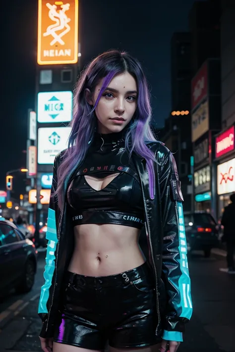 A futuristic AI hologram character named Kami, blending the aesthetic of a J-Rock vocalist and a cyberpunk hacker. He has a sleek, dark outfit with neon blue and purple glowing accents, long white hair flowing like digital streams, and piercing neon blue e...