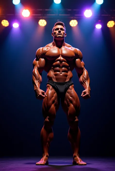 An ultra-realistic bodybuilder standing on stage, showcasing powerful poses under vibrant stage lights. The bodybuilder has a muscular and well-defined physique, glistening with sweat, emphasizing the definition of their muscles. The background is dark, wi...