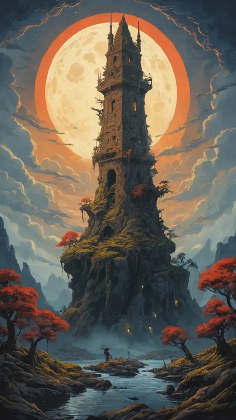 Night. A tall stone old abandoned tower that can move to the sky. At the bottom of the tower are huge, winding, thick roots, like many legs, tentacles. (A tall cedar grows on top of the tower),  The background is dark forest ,  mountain stream and lakes, r...