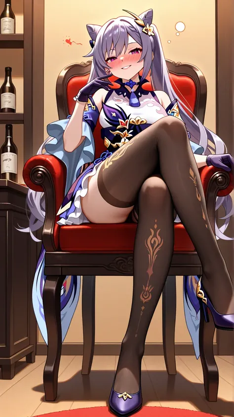 Keqing,  full face red, Seductive Smile ,  Black Stockings ,  Seductive Pose, Drunk,  with long white hair sits on a chair