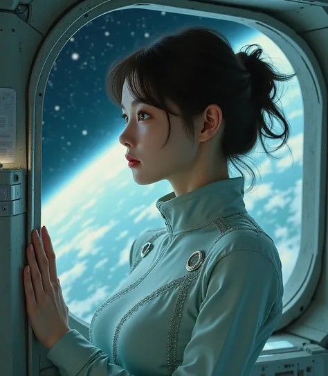 This captivating image features a striking portrait of a female astronaut gazing longingly out the window of a sleek, metallic space station. Her piercing emerald eyes seem to hold a deep sense of wonder and longing as she gazes at the celestial expanse, h...