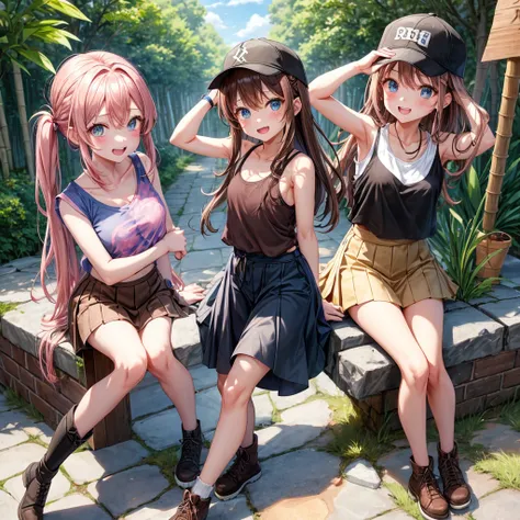  pink brown brown hair、  blue eyes、  Has hair tied  、Two cute people、  check mini skirt、  black t-shirt、 Light clothing、  tank top、  camisole、 high socks、 Boots、 teeth inside、The stone is cracked、  The Road Is Crooked 、Mountain々、Stick together  、 bamboo fo...