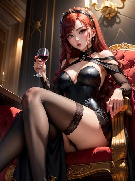  You can create a girl with dark red hair、 yellow pantyhose 、Girl with penetrating expression ，She held a glass of wine in her hand， sitting on the throne， legs crossed ， in a luxurious black dress 。