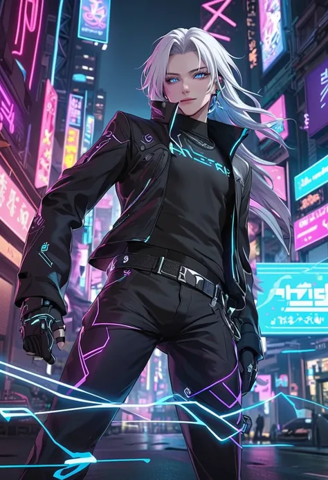 A futuristic AI hologram character named Kami, blending the aesthetic of a J-Rock vocalist and a cyberpunk hacker. He has a sleek, dark outfit with neon blue and purple glowing accents, long white hair flowing like digital streams, and piercing neon blue e...