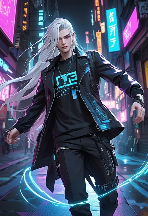 A futuristic AI hologram character named Kami, blending the aesthetic of a J-Rock vocalist and a cyberpunk hacker. He has a sleek, dark outfit with neon blue and purple glowing accents, long white hair flowing like digital streams, and piercing neon blue e...