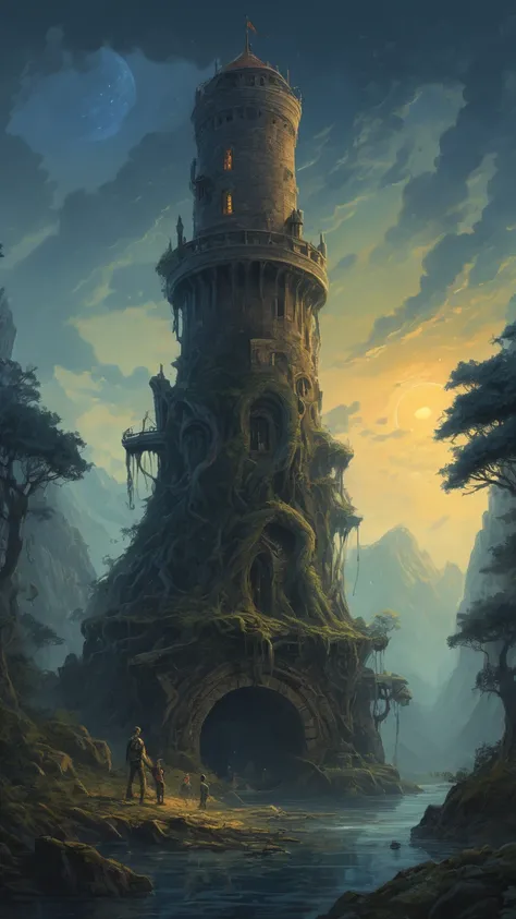 Night. A tall stone old abandoned round tower that can move to the sky.  At the bottom of the tower are huge, winding, thick roots like many legs, tentacles. (A tall cedar grows on top of the tower),  The background is dark forest ,  mountain stream and la...